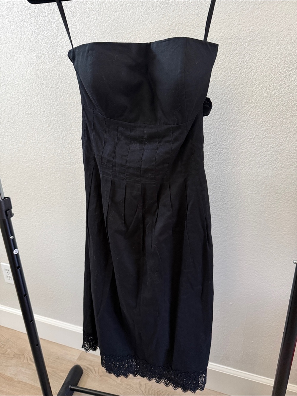 White House Black Market Black Strapless Midi Dress with Lace Hem